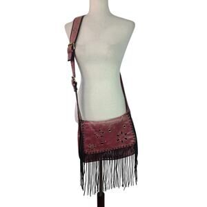 Sharif Studio Red Leather Black Fringe BOHO Hippie Vintage Bag Crossbody Purse